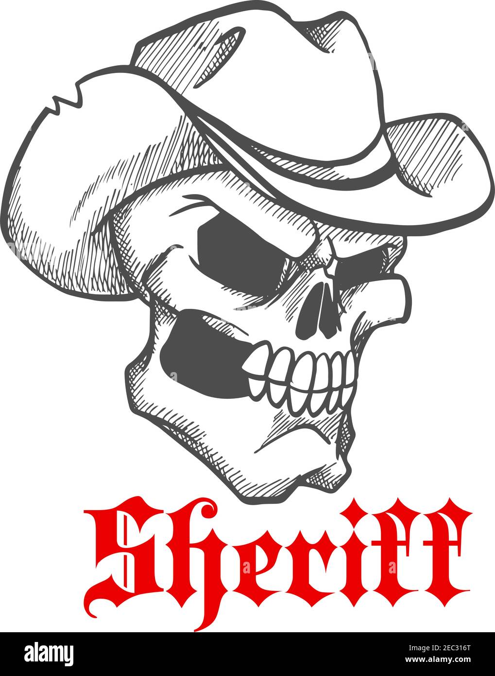 Simbolo di sceriffo del cranio pericoloso e arrabbiato che indossa un vecchio cappello da cowboy in pelle con bordi irregolari. Scheletro umano abbozzato per il concetto di West selvaggio, Adve occidentale Illustrazione Vettoriale