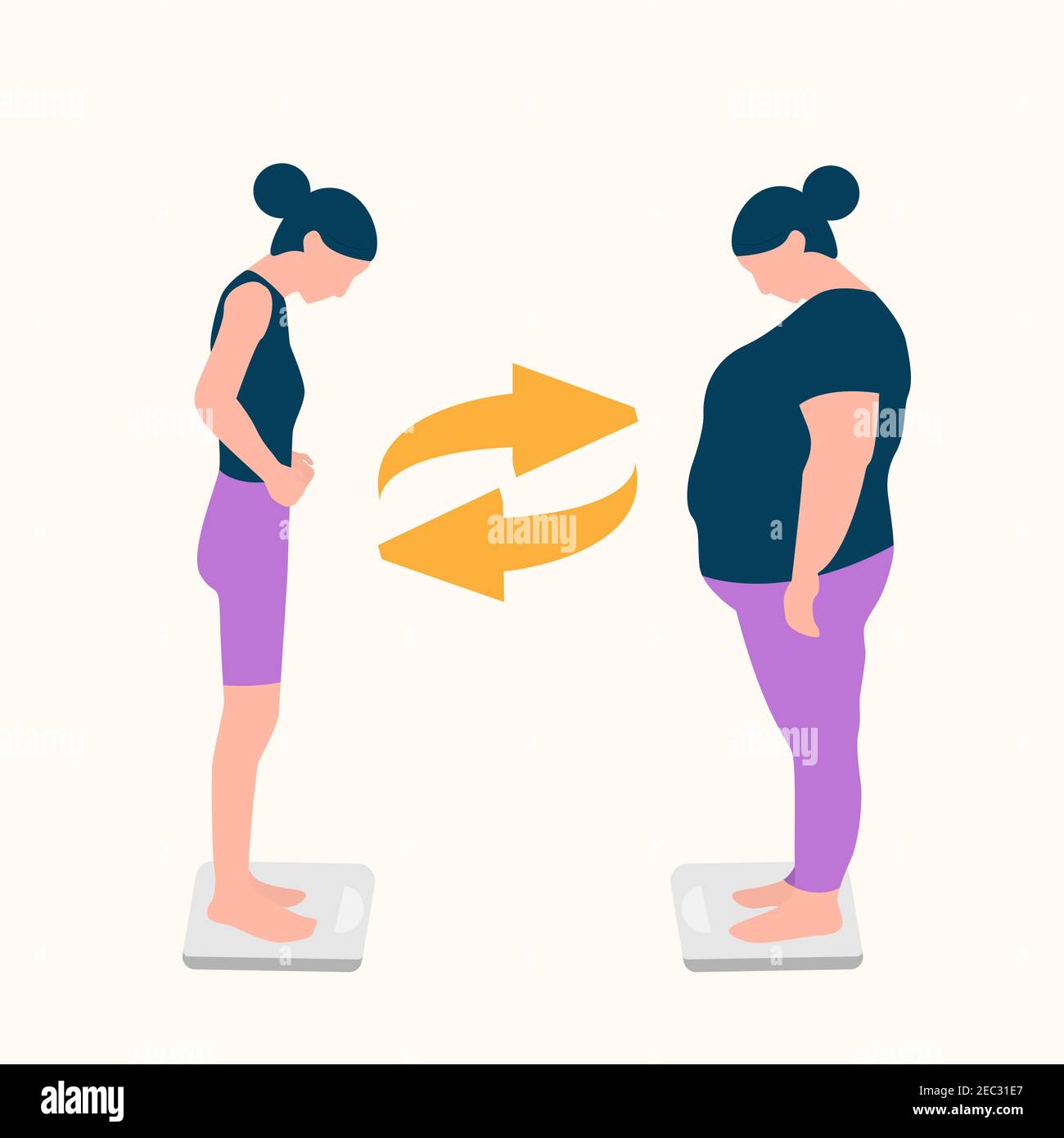 Donna corpo positivo. Illustrazione vettoriale di una donna sottile e grassa. Le ragazze si levano in piedi sulle scale. Illustrazione per social media, poster, Web e app. EPS Illustrazione Vettoriale