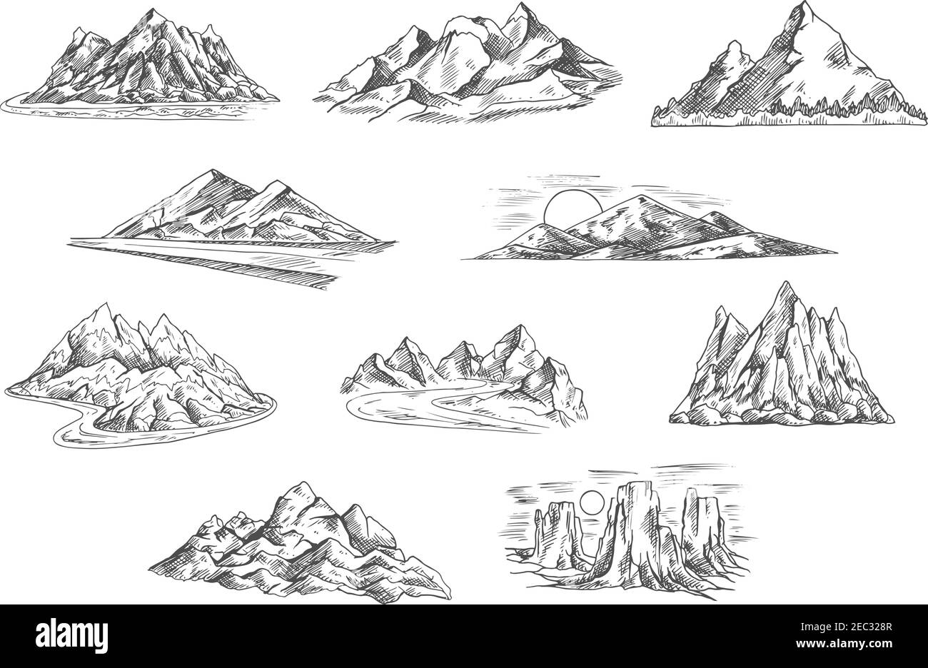 Paesaggi di montagna abbozzati icone per il turismo escursionistico, avventura e temi natura design con creste rocciose di montagna e cime, tramonti sulle colline A. Illustrazione Vettoriale