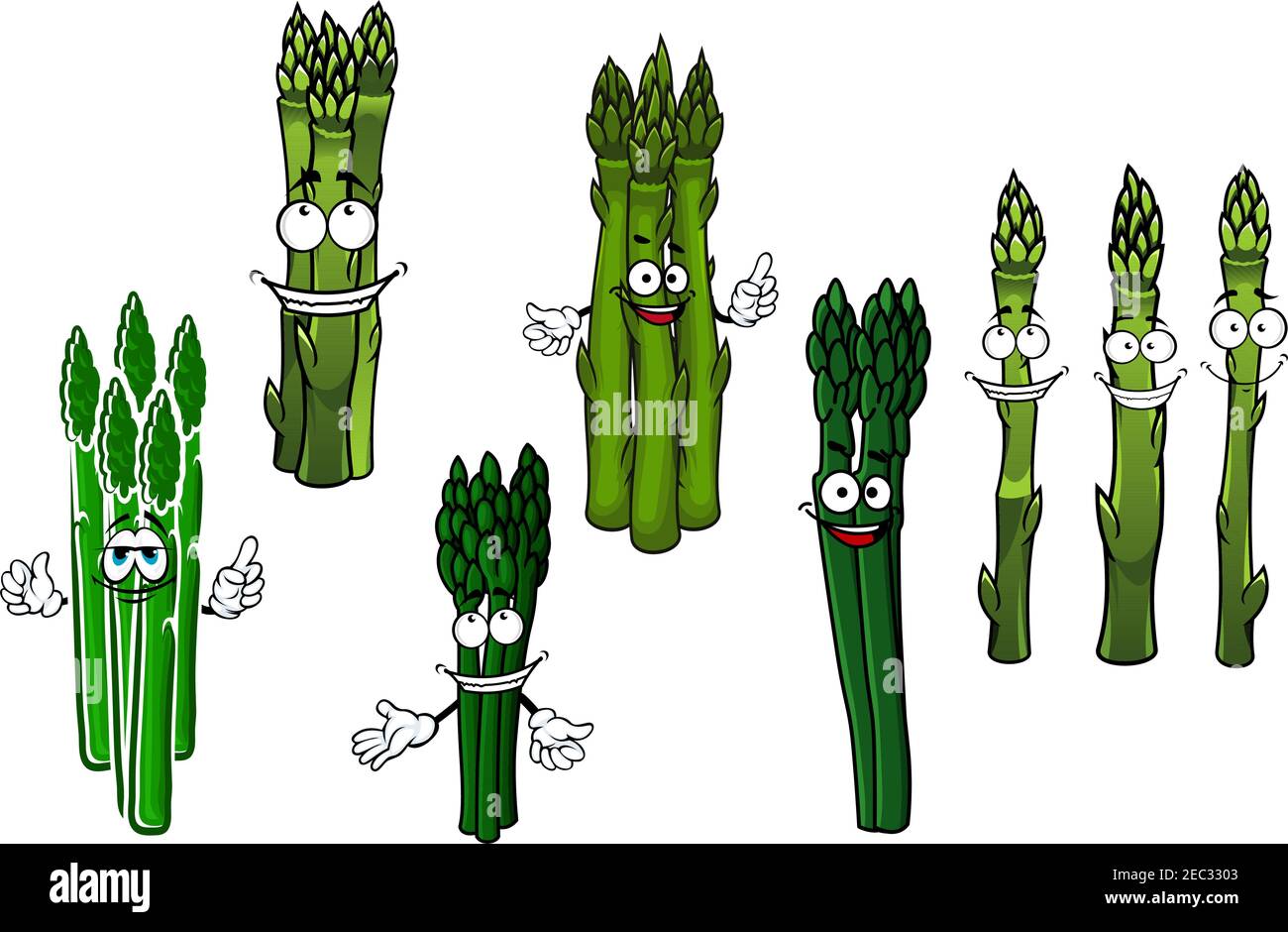 Farine di cartoni animati sani e cresciuti organicamente di personaggi di verdure di asparagi con succose spighe verdi e volti sorridenti felici. Uso come vegetariano reci Illustrazione Vettoriale