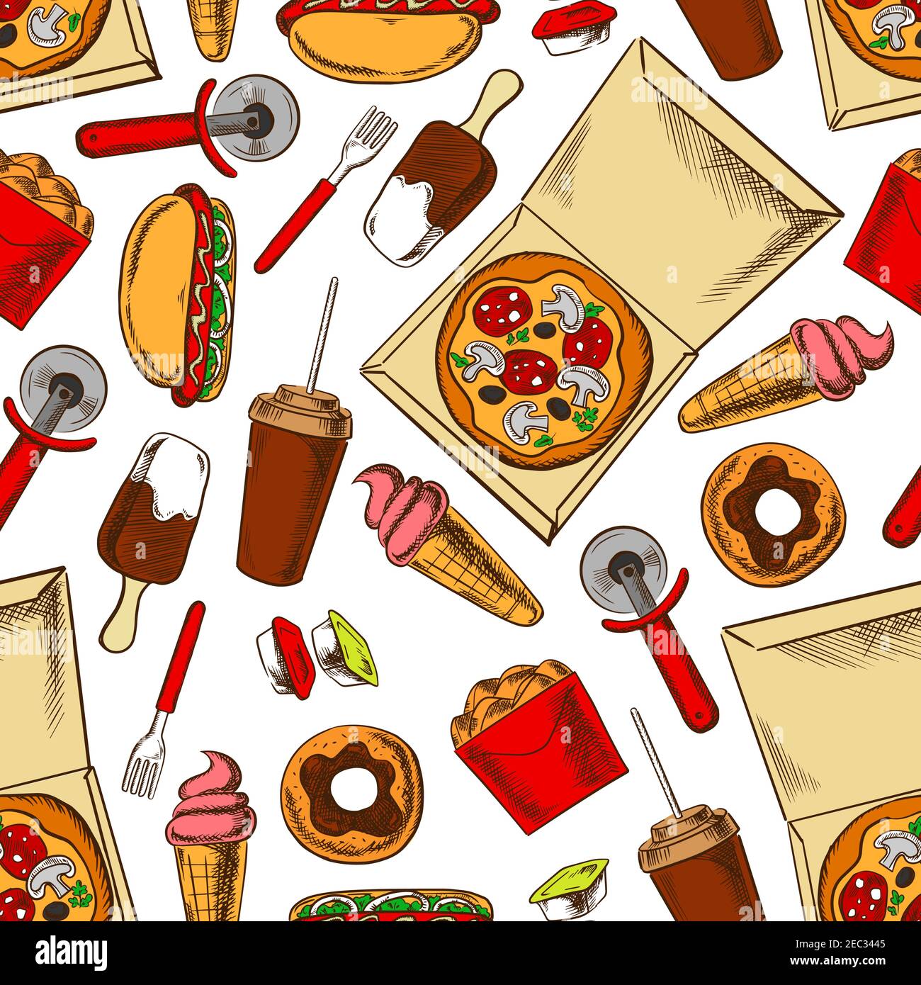 Scatole da asporto dai colori senza cuciture di pizza italiana e pollo fritto, hot dog, ciambelle e caffè, fragole e gelato al cioccolato modello o Illustrazione Vettoriale