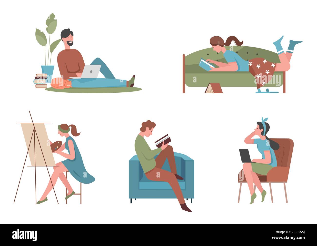 La gente gode hobby a casa insieme di illustrazione vettoriale. Cartone animato personaggi hobbisti giovani e donne che leggono libri, persona artistica che dipinge, godendo di attività hobby creativo isolato su bianco Illustrazione Vettoriale