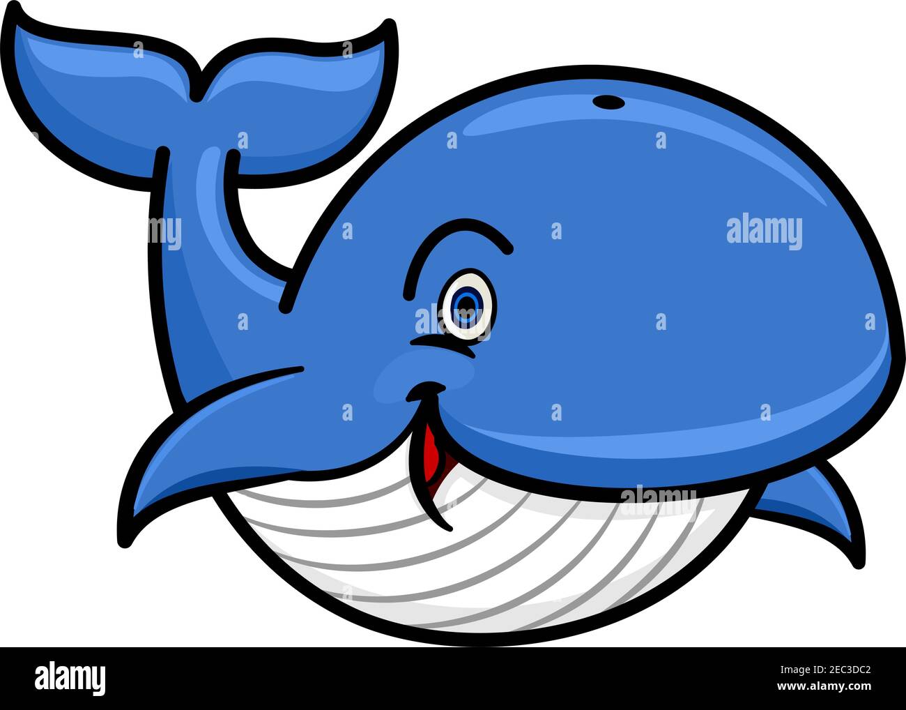 Personaggio balena fumetto con colonna blu e piscina a righe bianche sul lato inferiore con coda rialzata giocosamente e sorriso felice. Utilizzare come fauna marina Illustrazione Vettoriale