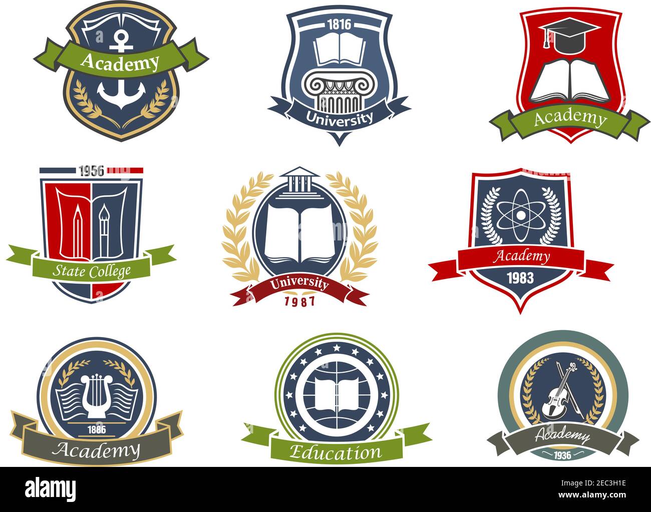 Musica, architettura e scienze, arti visive e letteratura, simboli marittimi e teatrali per l'accademia, l'università e gli emblemi universitari o i badge desig Illustrazione Vettoriale