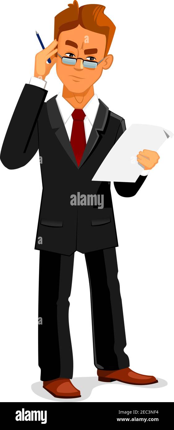 Cartoon pensive uomo d'affari in abito nero e occhiali da lavoro è attentamente la lettura di un contratto o accordo commerciale. Documentazione aziendale, Pape Illustrazione Vettoriale