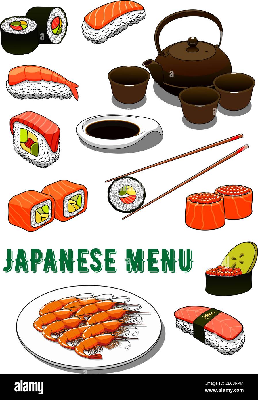 Panini e nigiri giapponesi tradizionali, futomaki e icone gunkan serviti con salmone marinato, tonno e gamberi, avocado e roe, teriyaki piccante Illustrazione Vettoriale