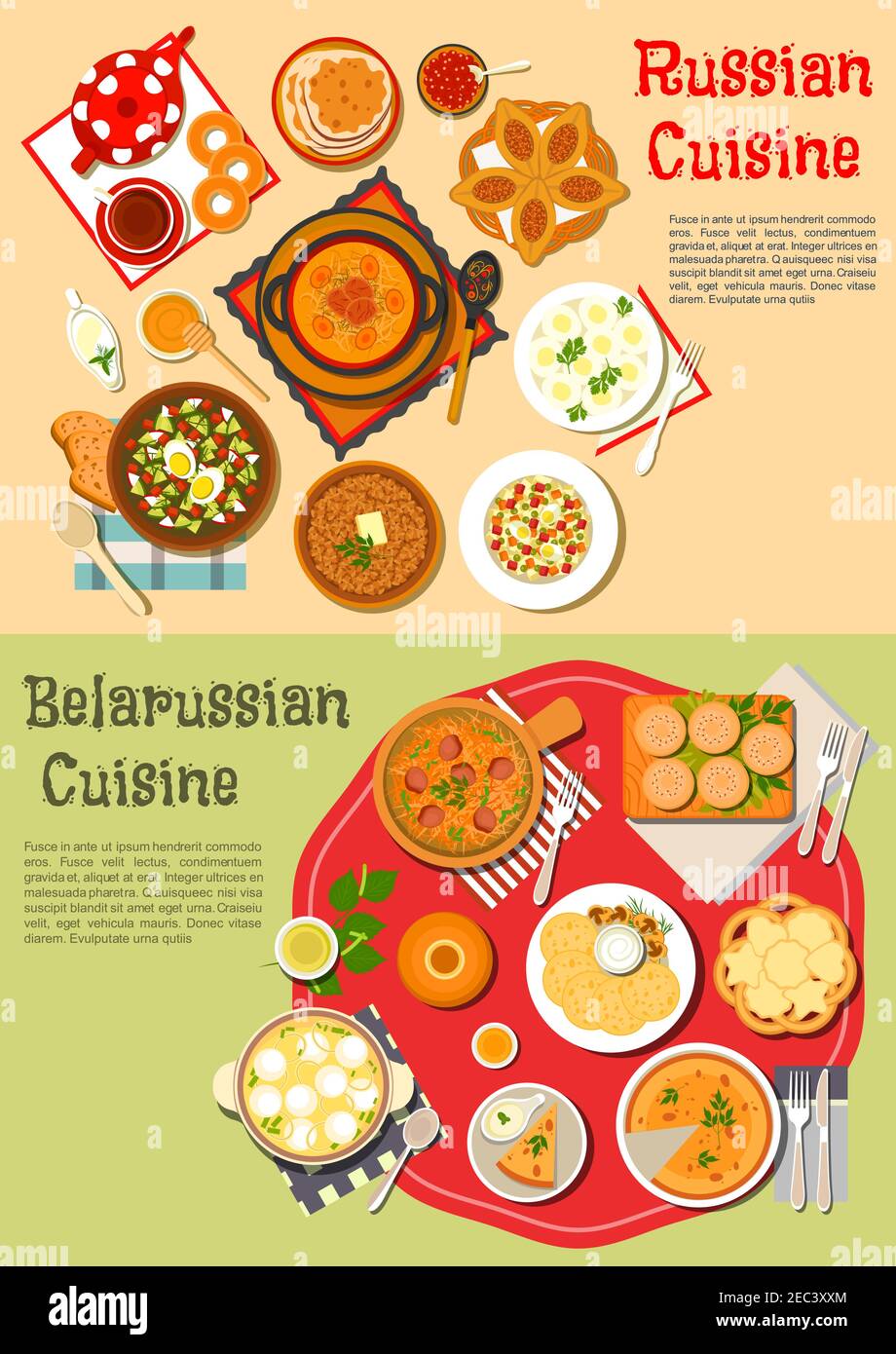 Frittelle tradizionali russe sottili blini e frittelle di patate bielorusse, draniki piatto icona servito con zuppa fredda e shchi, torte e cavoli, grano saraceno Illustrazione Vettoriale