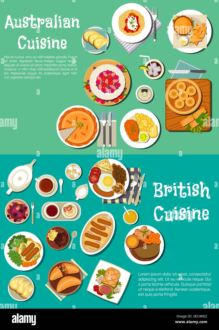 Icona di torte di carne britanniche e australiane con colazione inglese completa e panino di uova di merluzzo, salsicce, hamburger e patatine fritte, crosta di manzo e dampl Illustrazione Vettoriale