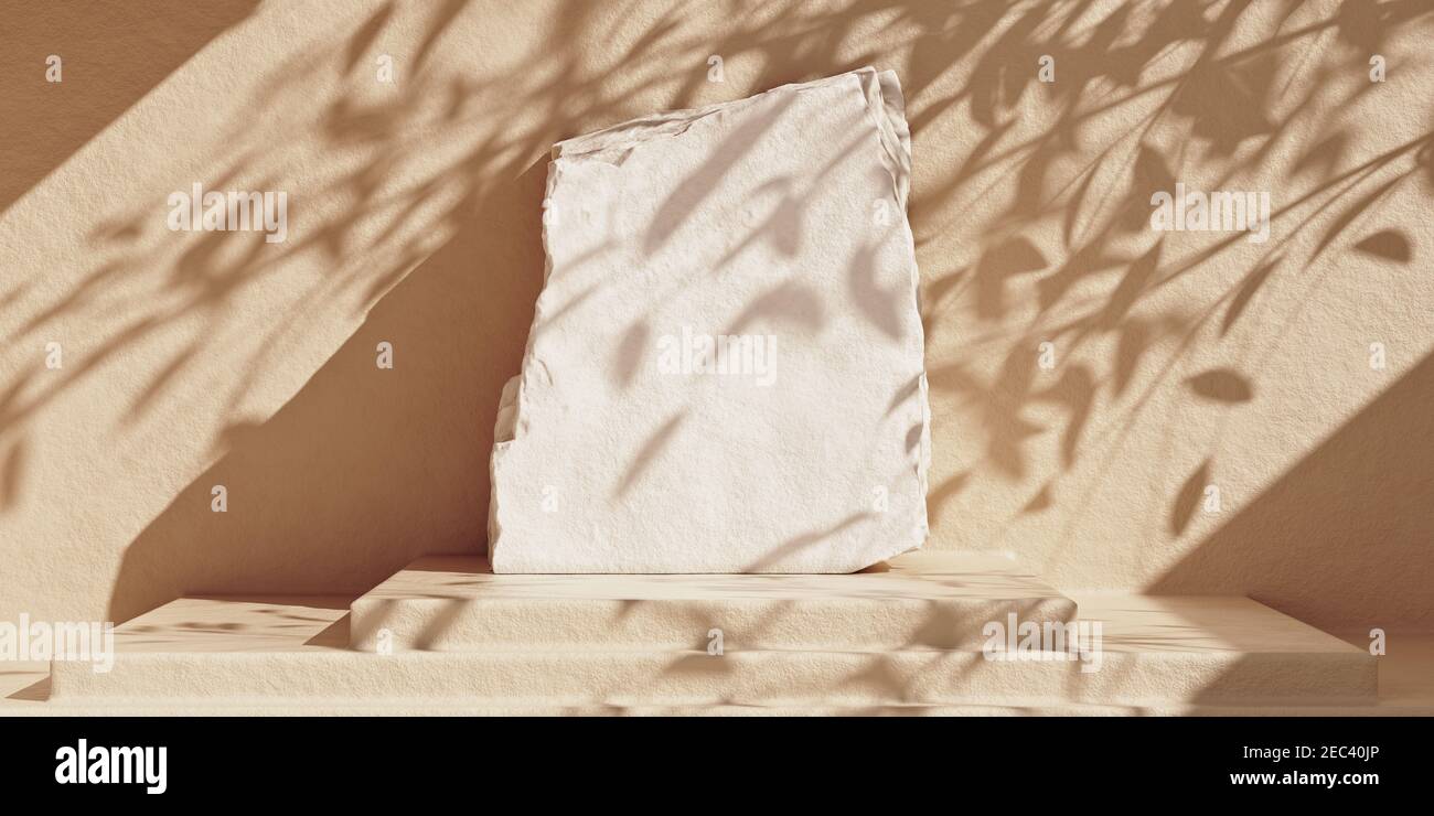 Piatto di pietra bianca prodotto podio su fondo di cemento beige con ombre foglia. Prodotto cosmetico minimo pietra lastra di fondo piattaforma. Scena mock-up di rendering 3D. Foto Stock