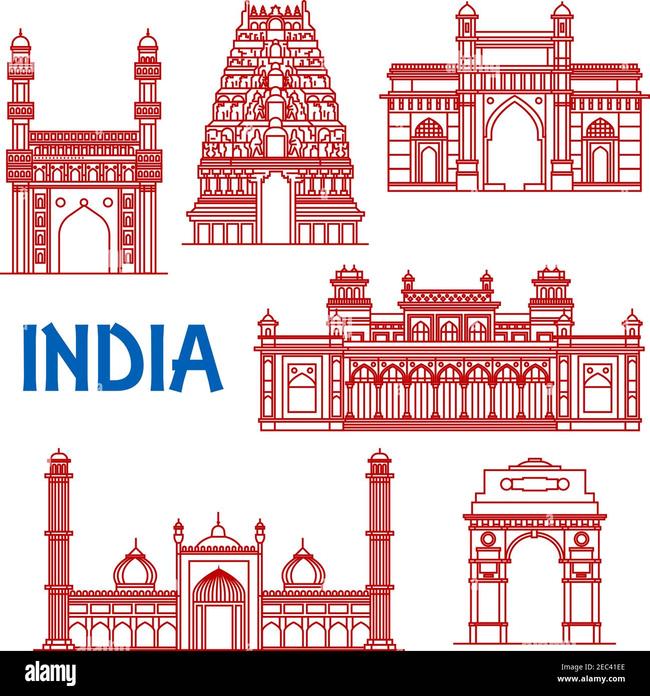 Icone popolari di architettura indiana con simboli di linea sottile rossa di India Gate e tempio Meenakshi, Gateway of India e moschea Jama Masjid, Cha Illustrazione Vettoriale