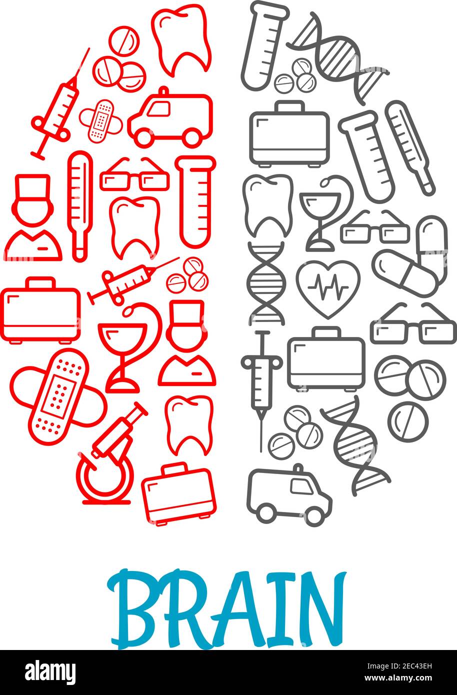 Icone mediche a forma di cervello umano per la progettazione di simboli sanitari con schizzi rossi e grigi di pillole, siringhe, kit di pronto soccorso e termometri, docto Illustrazione Vettoriale