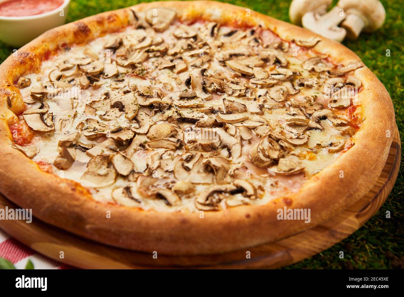 Deliziosa pizza con funghi e ronzio su fondo verde erba Foto Stock