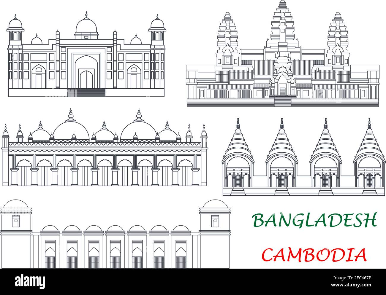 Antichi templi e moschee di Cambogia e Bangladesh linea sottile icone per attrazioni turistiche esotiche e design di concetto di viaggio con Angkor Wat e DH Illustrazione Vettoriale