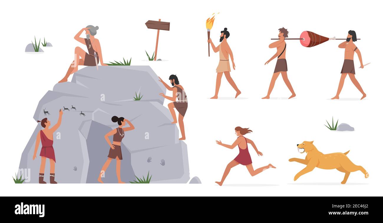 Gruppo di illustrazioni vettoriali di persone della tribù primale. Cartoon primitivo personaggio caveman in piedi con grotta e pittura, i guerrieri tribesman portare carne dalla caccia, scappando via dalla tigre isolato su bianco Illustrazione Vettoriale