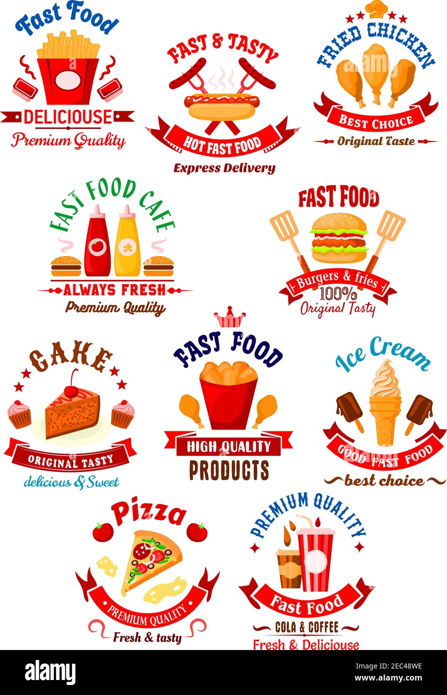 Hamburger fast food, hot dog e patatine fritte, pizza e pollo fritto, bibite e caffè, torta, gelato e cupcakes icone cartoni animati per Illustrazione Vettoriale