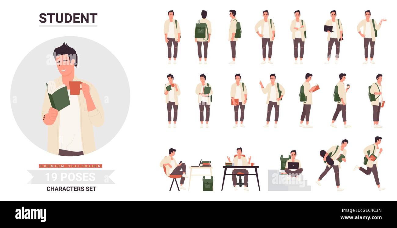 Il giovane studente pone un insieme di illustrazioni vettoriali infografiche. Studente di cartoni animati che tiene una tazza di caffè, in posa con il libro per studiare, a piedi con lo zaino o in esecuzione con skateboard isolato su bianco Illustrazione Vettoriale