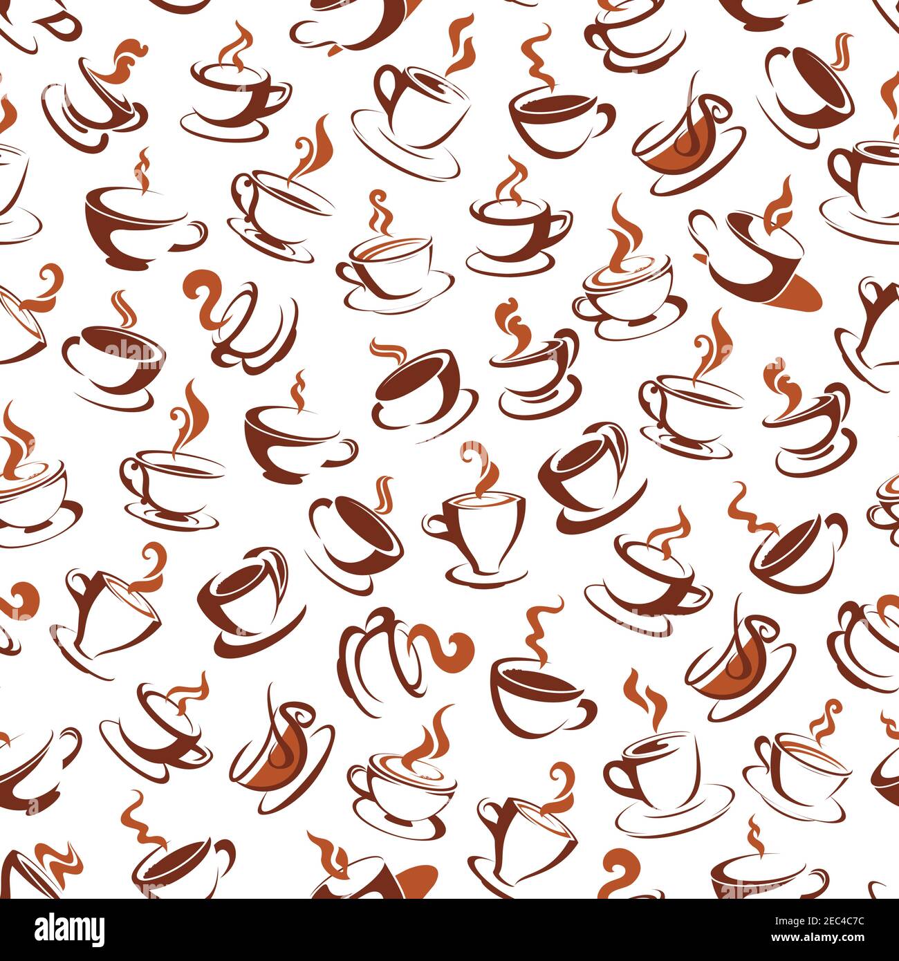 Tazzine calde per la cottura a vapore di caffè o tè profumati con vapore isolato su un motivo bianco senza cuciture. Può essere utilizzato in caffè o ristorante, cucina a tema. Illustrazione Vettoriale