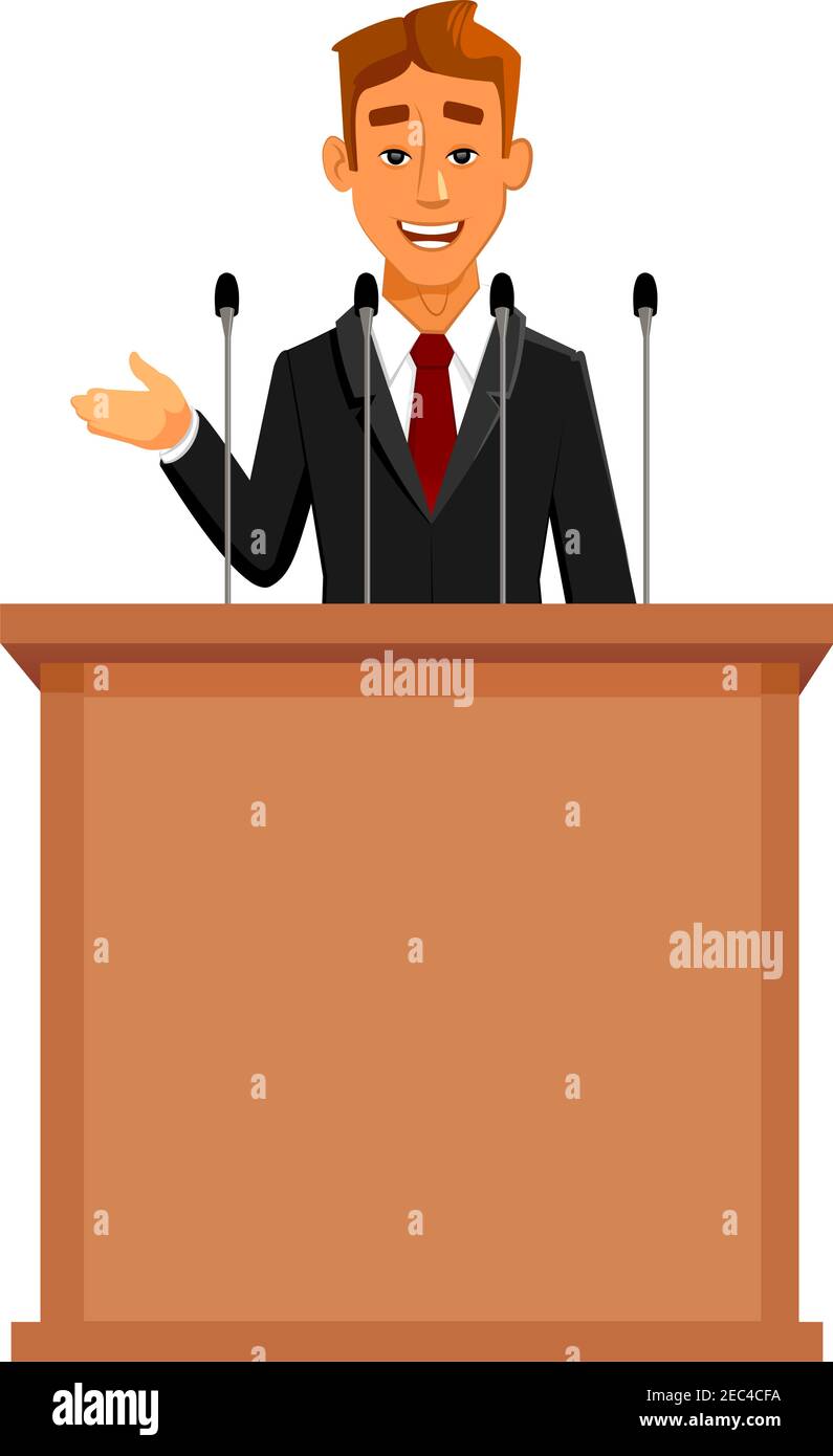 Cartone animato uomo d'affari o politico in abito a tribune con microfoni che fanno un discorso. Oratore o narratore, portavoce o leader in occasione di dibattiti o presentatori Illustrazione Vettoriale