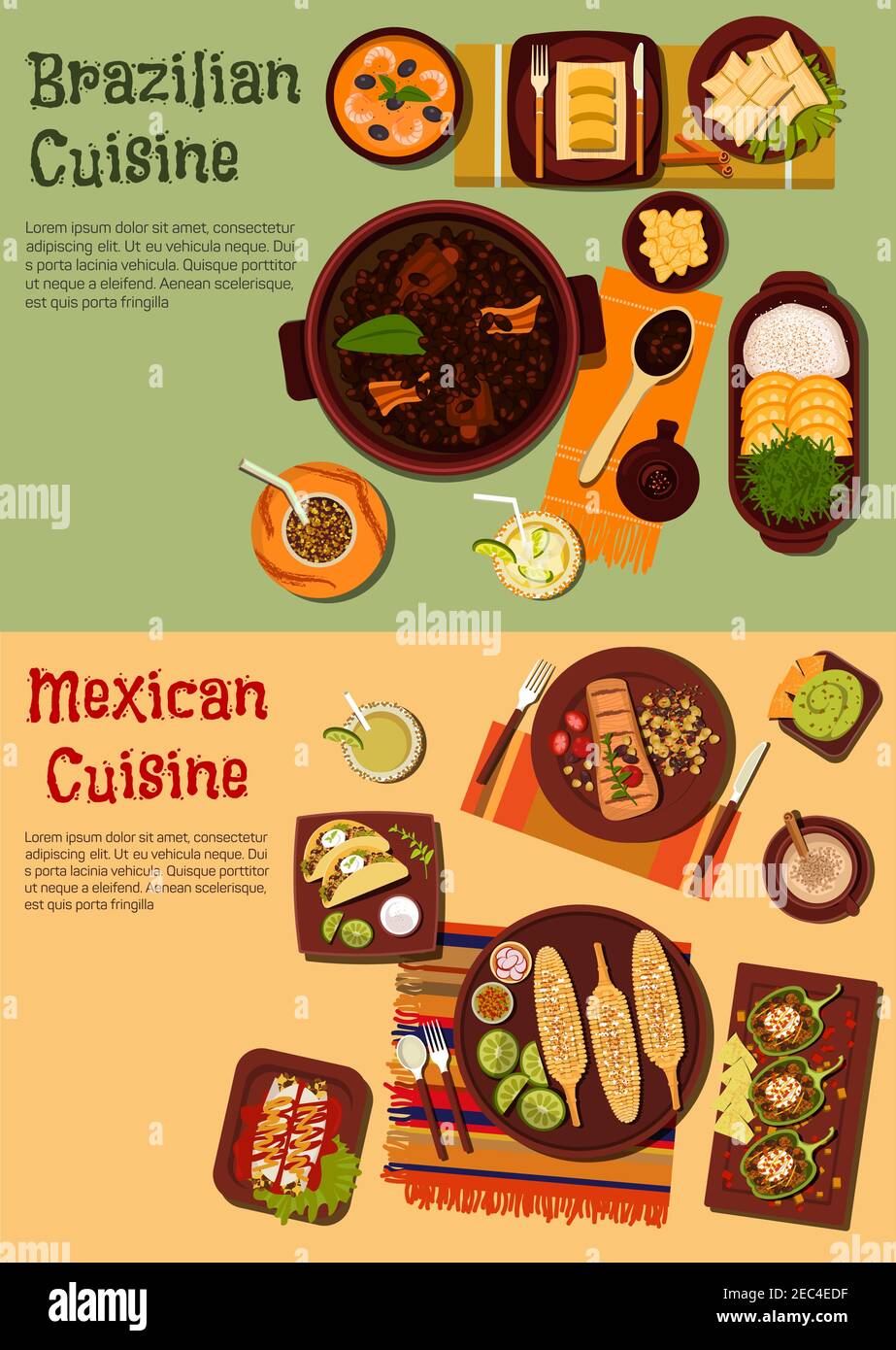 Deliziosa e ricca di sapori cucina del Messico e Brasile icone piatti con manzo alla griglia e mais, fagioli neri e gamberi stufati, tacos, enchiladas e g Illustrazione Vettoriale