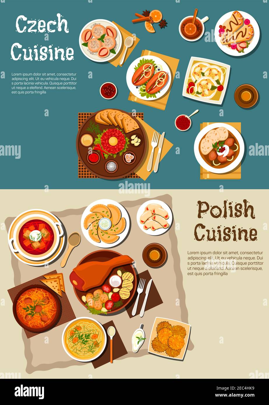 Cene polacche e ceche con il simbolo della birra, servite con coscia di maiale e verdure alla griglia, salsicce e formaggi sottaceto, stufato di carne e bistecca di catrame Illustrazione Vettoriale