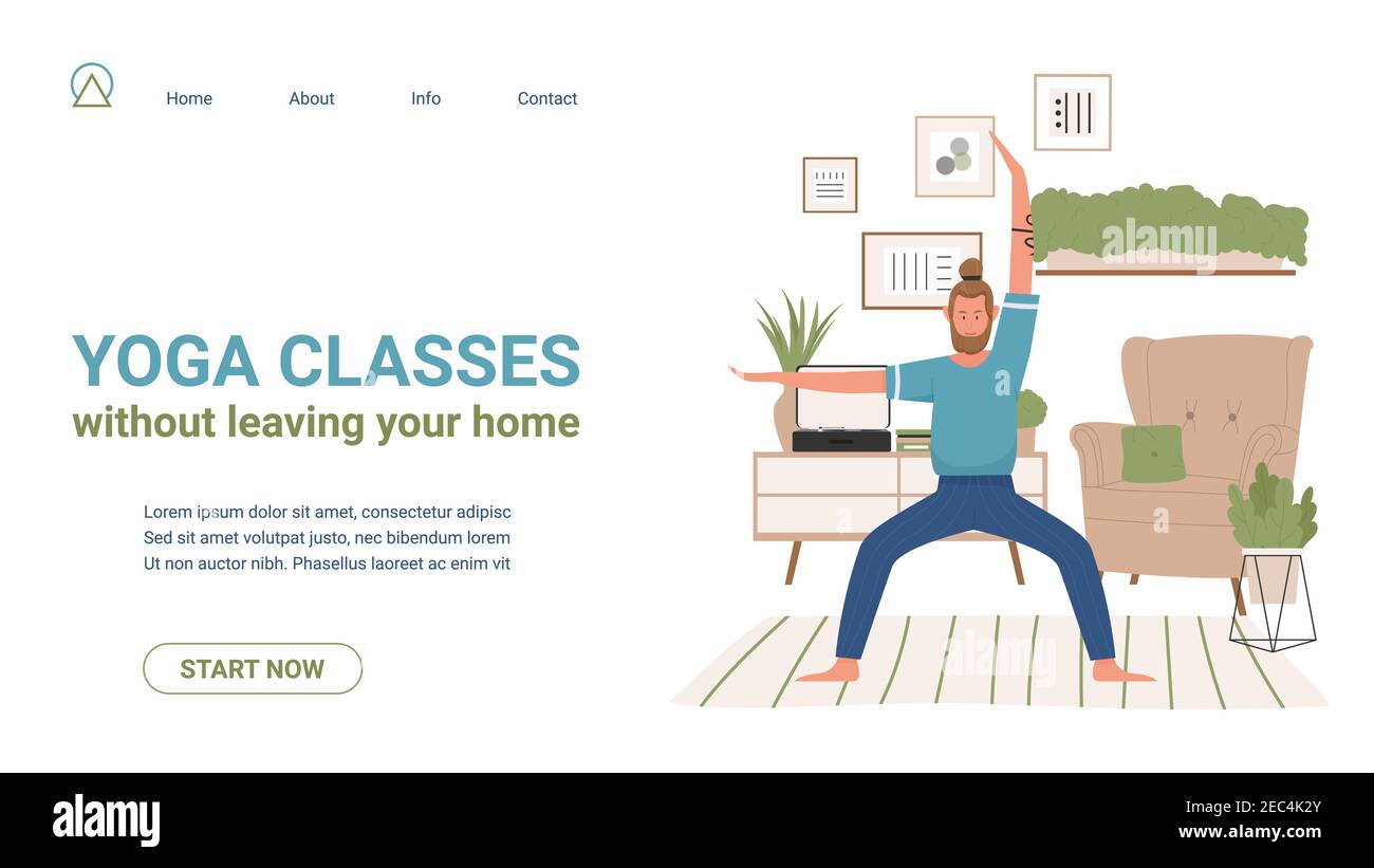 Lezione di yoga, illustrazione vettoriale della lezione online. Modello di sito web cartoon con carattere maschile yogist praticare yoga asana in casa soggiorno interno, fitness insegnante di formazione attiva pubblico virtuale Illustrazione Vettoriale