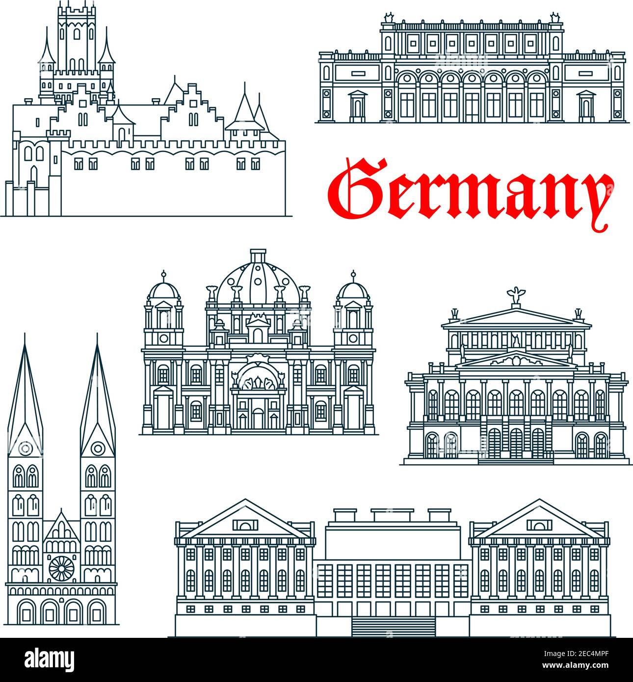 Le attrazioni turistiche più popolari dell'icona dell'architettura tedesca con simboli lineari della Cattedrale di Berlino e della sala concerti Alte Oper, la Cattedrale di San Pietro A. Illustrazione Vettoriale