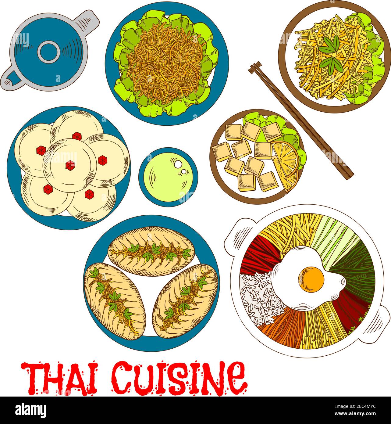 Piatto di verdure thailandesi simbolo di schizzo con uovo fritto, insalata di carote piccante con salsa all'aglio, torte vegetariane e patate dolci fritte, torta di cocco Illustrazione Vettoriale