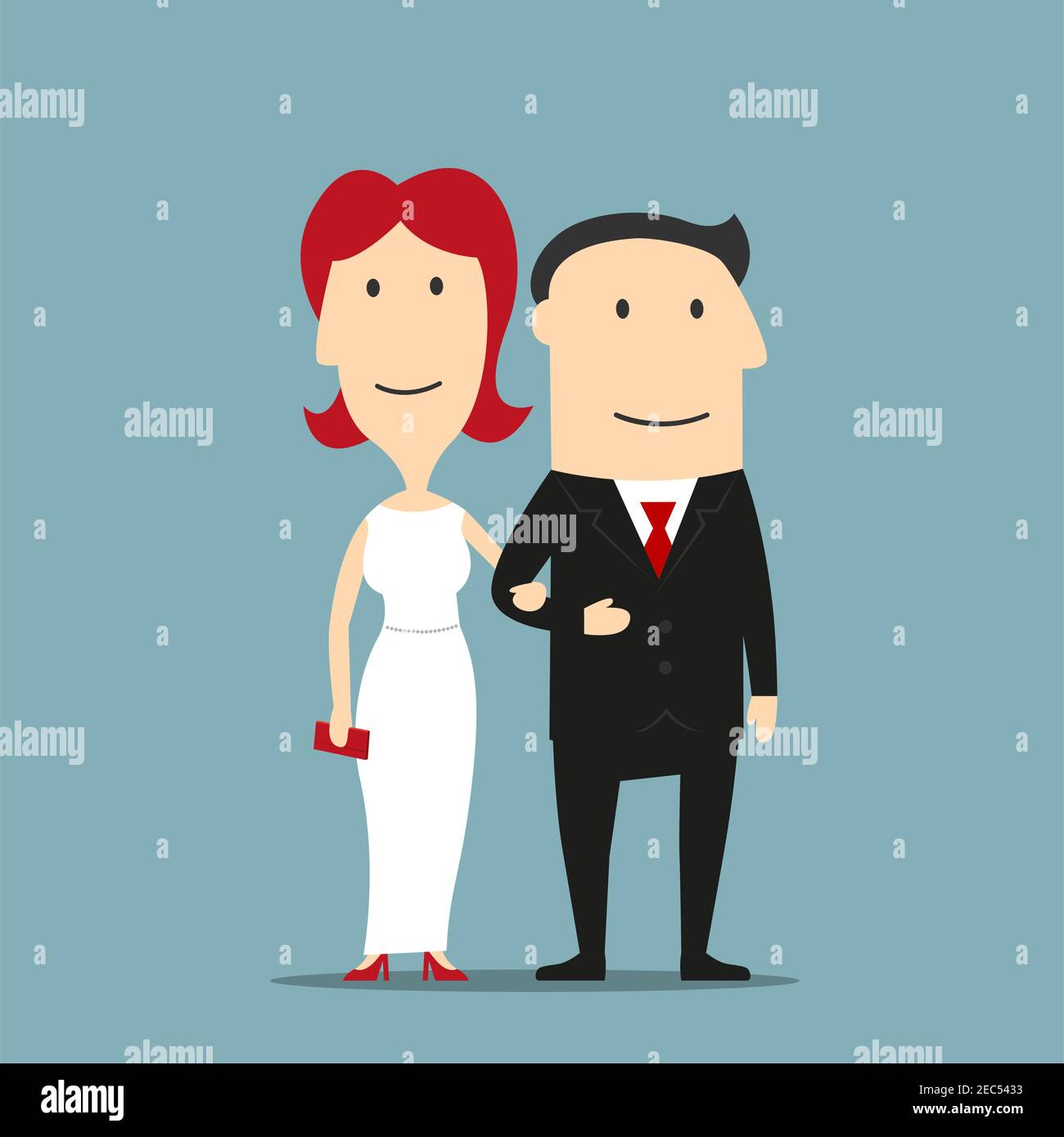 Felice coppia di uomo in abito formale nero e donna rossa in abito da sera bianco con tacchi alti rossi e frizione sono in piedi braccio. Romantico dat Illustrazione Vettoriale