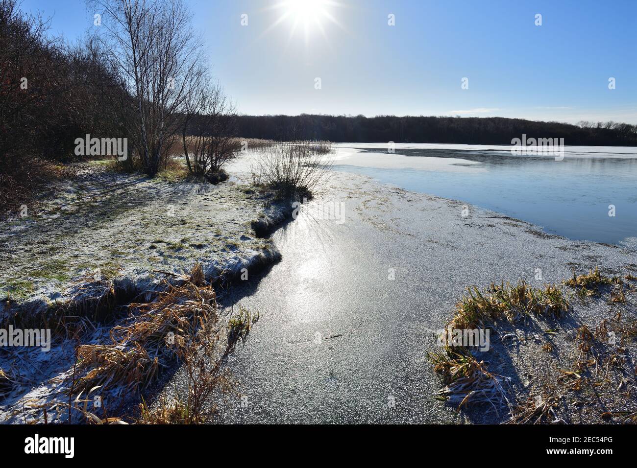 Scene intorno al lago artificiale di Wintersett in inverno Foto Stock