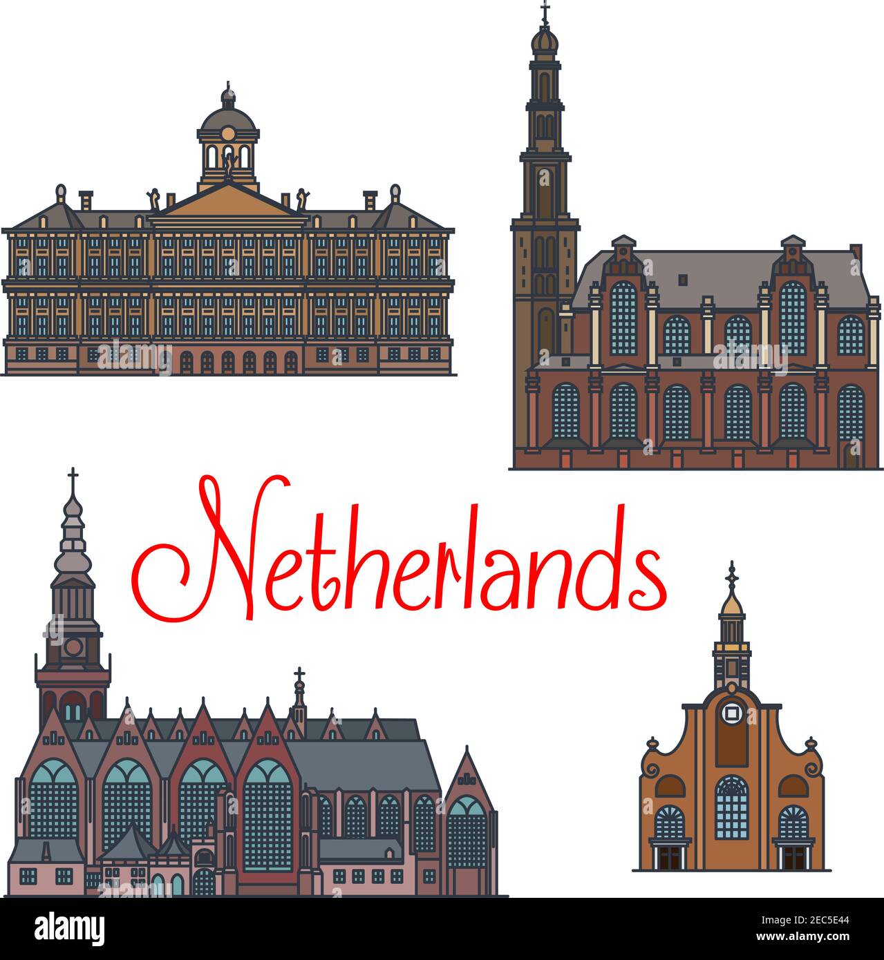 Famosi monumenti architettonici dei Paesi Bassi con icone sottili della chiesa più antica Oude Kerk, la chiesa riformata Westerkerk e il Palazzo reale in AMST Illustrazione Vettoriale