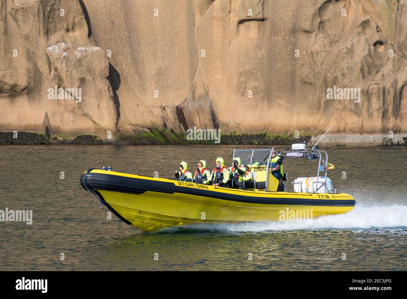 Vestmannaeyjar Islanda - 9 agosto. 2019: Navigazione in barca safari RIB nei mari stretti dell'isola di Heimaey Foto Stock