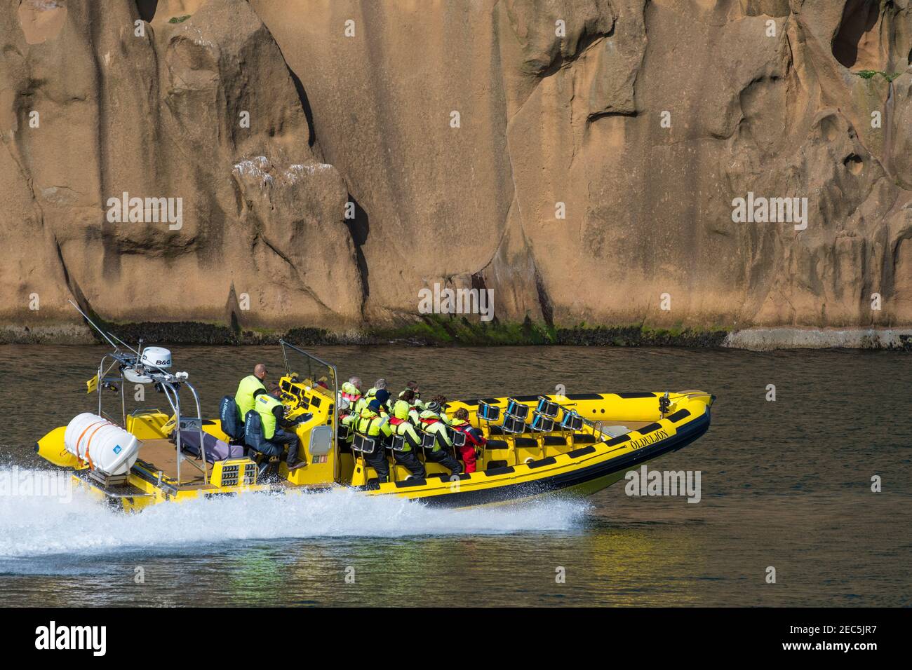 Vestmannaeyjar Islanda - 9 agosto. 2019: Navigazione in barca safari RIB nei mari stretti dell'isola di Heimaey Foto Stock