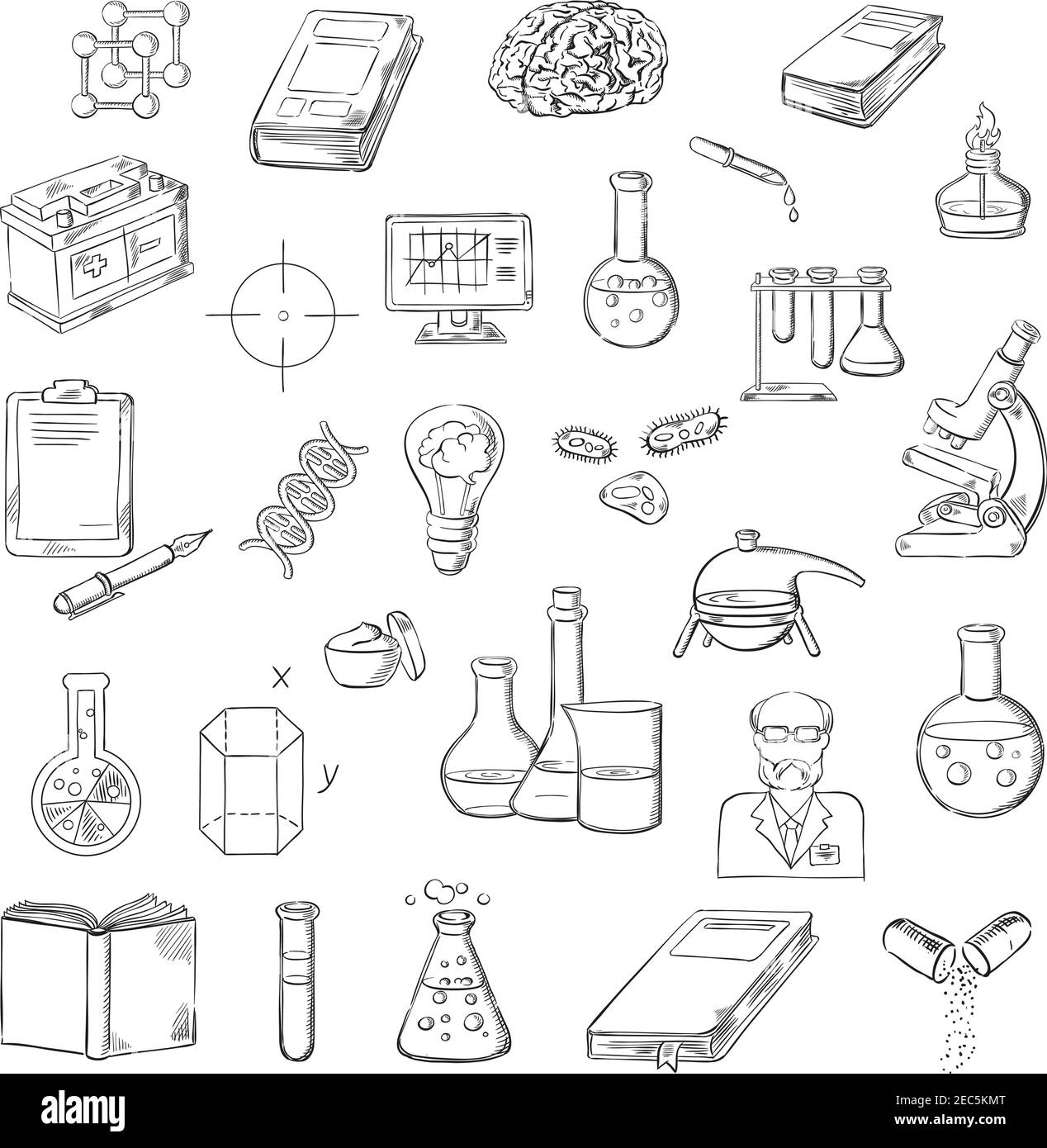 Scienziato con simboli di schizzo di microscopio, provette e matracci da laboratorio, libri, computer e appunti con penna, cervello umano, DNA e molecole, Illustrazione Vettoriale