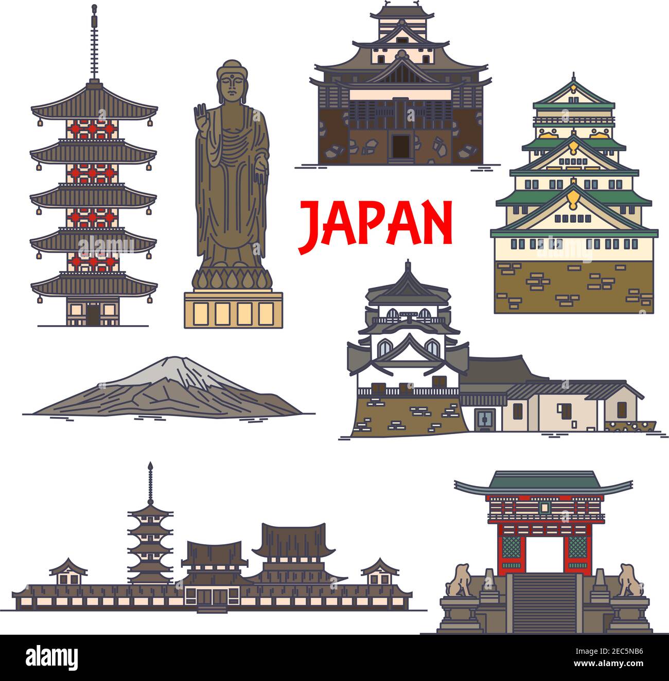 Viaggio giapponese monumenti icona lineare con il sacro Monte Fuji, Grande statua del Buddha a Ushiku, Palazzo Imperiale di Tokyo, pagoda del tempio Horyuji, Osaka CA Illustrazione Vettoriale