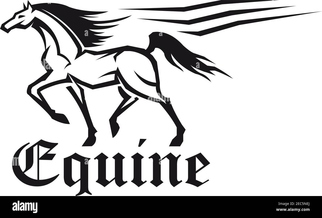 Competizione sportiva equestre simbolo di corsa ippica con linee fluenti di percorso di movimento e didascalia equina in stile gotico romano. Utilizzare come cavallo Illustrazione Vettoriale