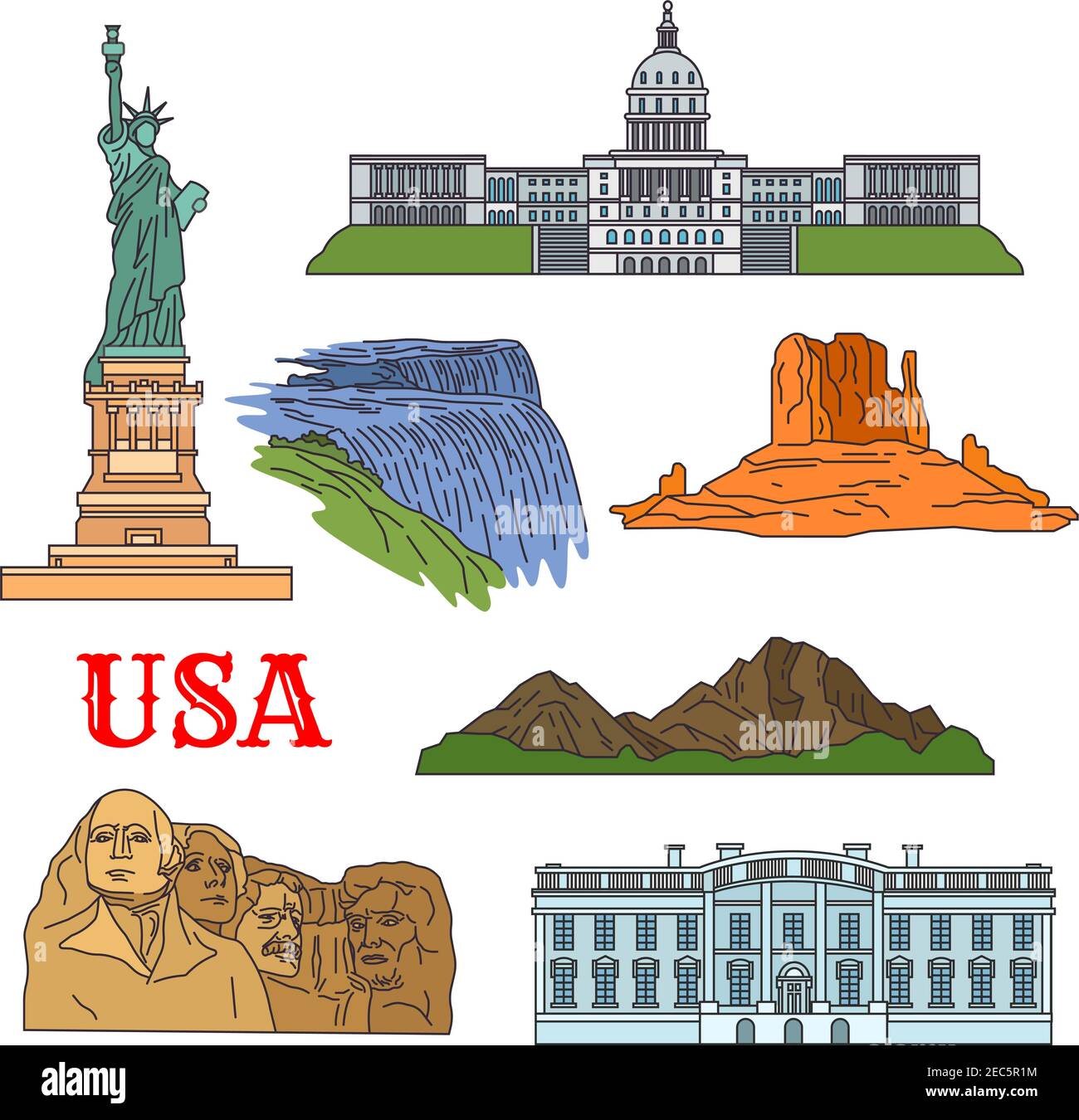 USA Travel monumenti storici di cultura, storia e natura sottile icona con la statua della libertà, Grand Canyon, Campidoglio degli Stati Uniti, Niagara Falls, Rus Illustrazione Vettoriale