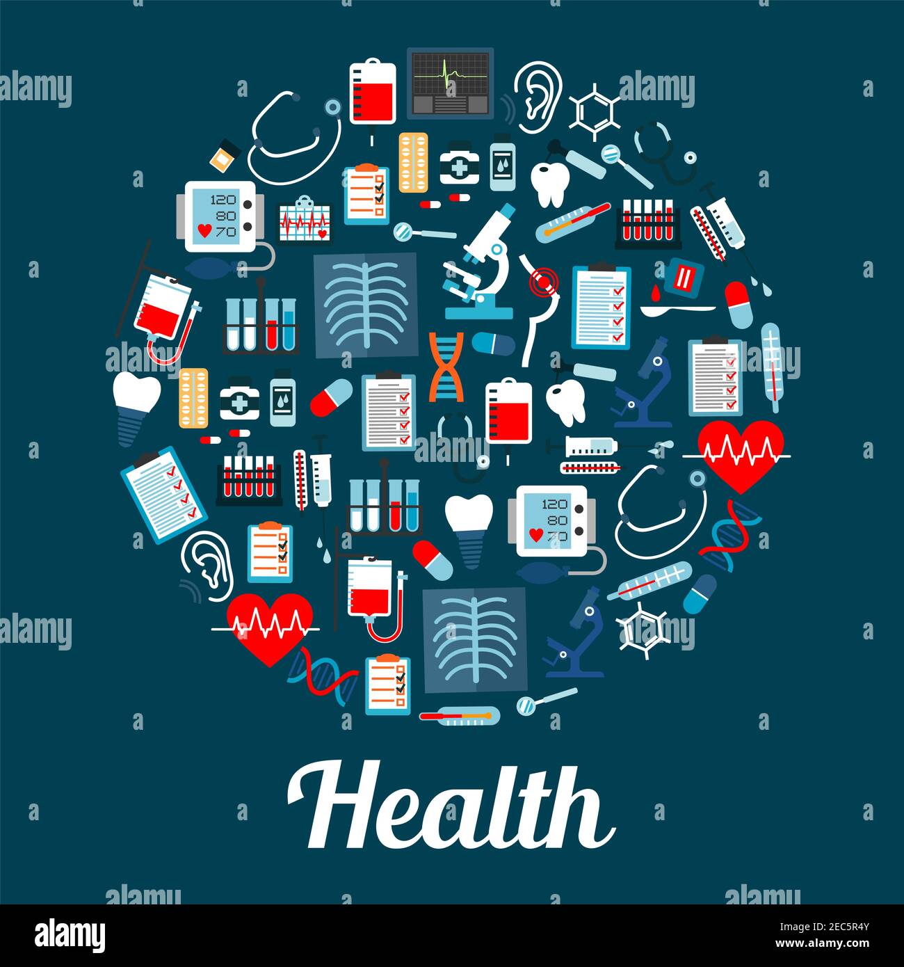 Poster infografico della medicina con icone vettoriali di farmaci e attrezzature ospedaliere contatore di gocce, siringa, bisturi, contagocce, pillola, dente, raggi X, stetosco Illustrazione Vettoriale