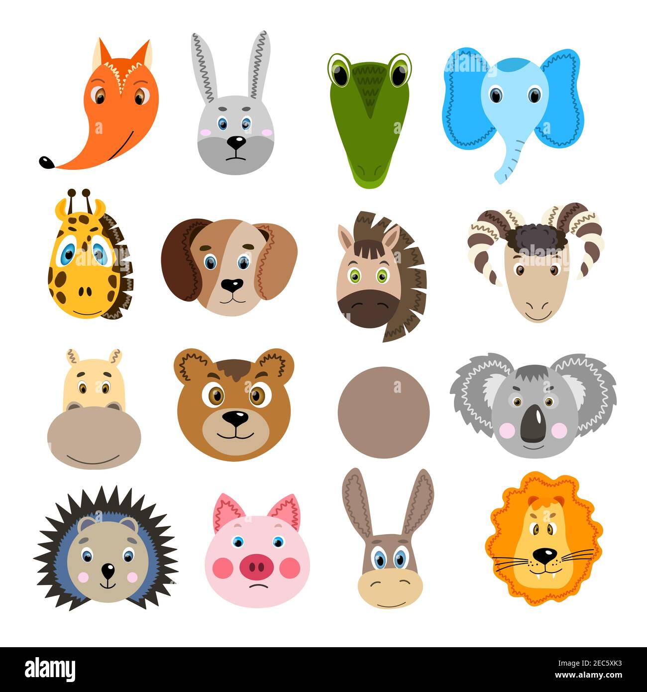 Set con coloratissima faccia animale. Lepre, coccodrillo, koala, ippopotamo, orso, giraffa, cavallo, montone, maiale, riccio, asino, leone. Oggetti isolati Illustrazione Vettoriale