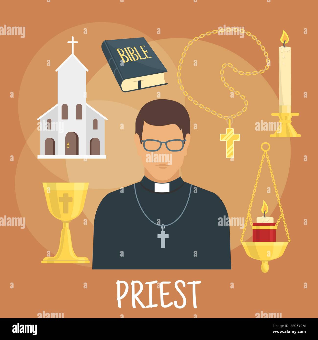 Icona giovane prete cattolico che indossa cassock nero, bicchieri e croce con simboli piatti della costruzione della chiesa, la Bibbia, coppa d'oro e candelabri con c Illustrazione Vettoriale