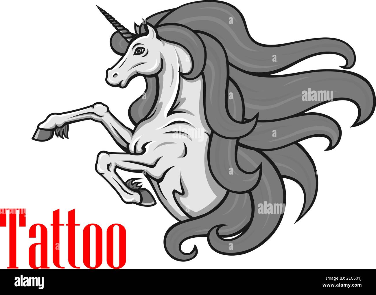 Splendida icona unicorno grigia per il tatuaggio o il personaggio da fiaba design con allevamento di cavalli mitologici con corno ritorto Illustrazione Vettoriale
