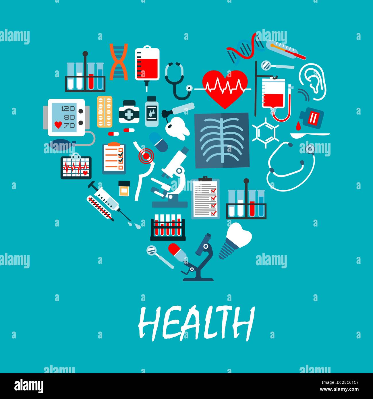 Poster vettoriale della medicina sanitaria con icone a forma di cuore. Apparecchiature mediche ed elementi di trattamento. Infografica ospedaliera Illustrazione Vettoriale
