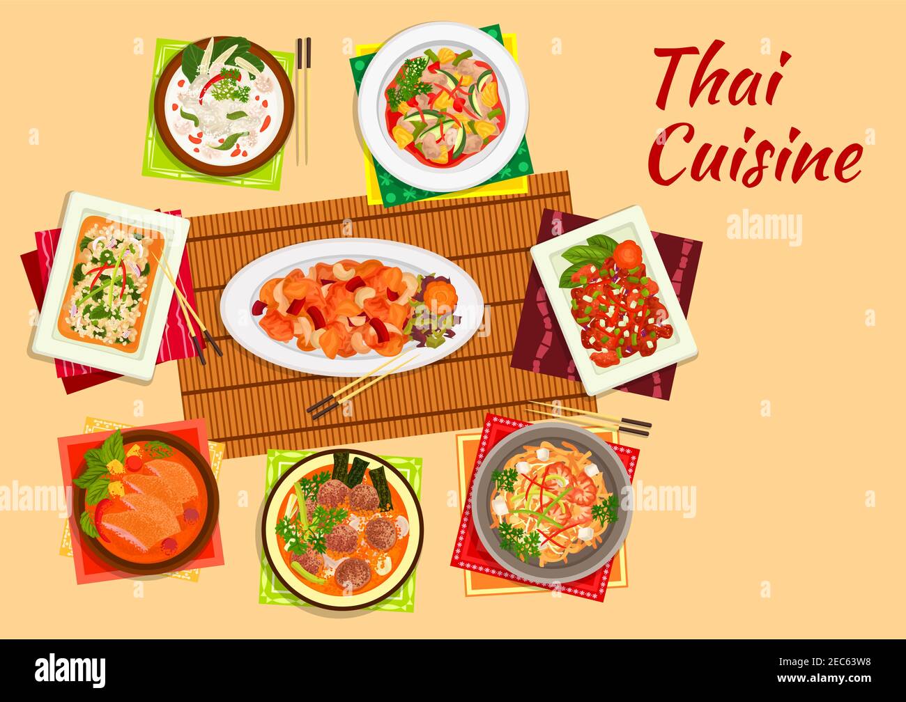 Cucina tailandese cena piatto simbolo di tagliatelle di riso con gamberi, pollo alla noci di anguilla, maiale dolce e asino, insalata di pollo, ananas curry anatra, cocco mi Illustrazione Vettoriale