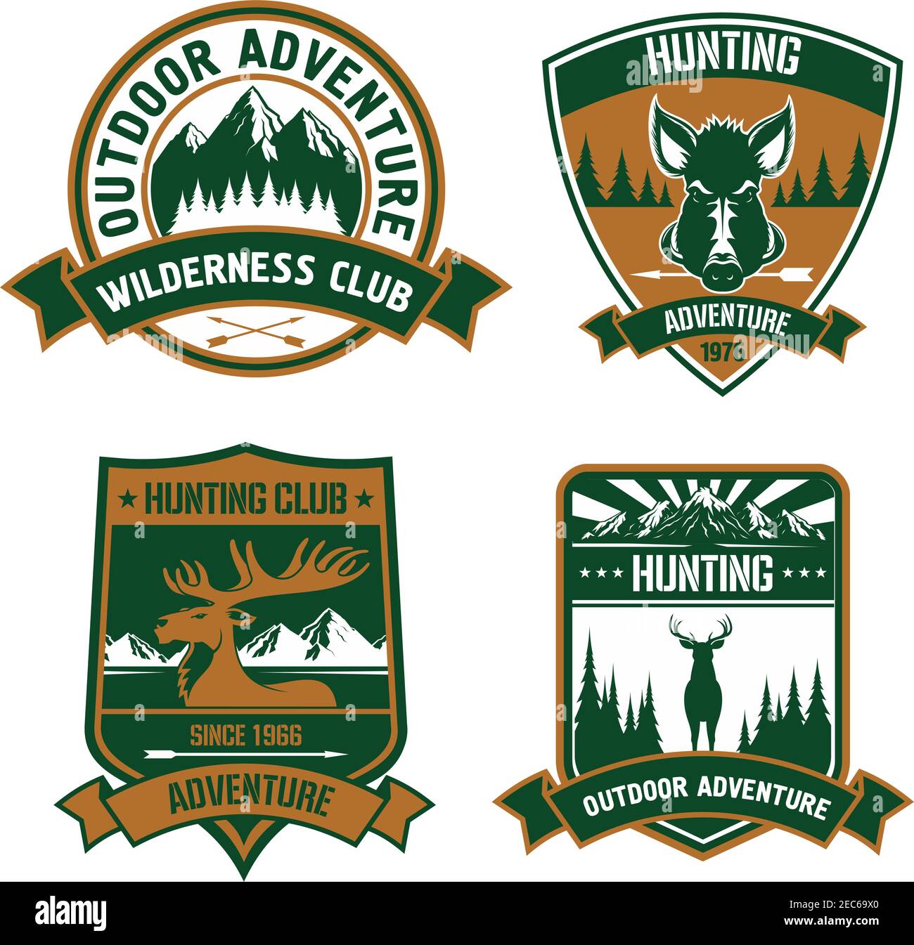 Set di emblemi di club di caccia. Cervi animali selvatici, alci, cinghiali, corone, testa, icone vettoriali con silhouette a freccia. Caccia avventura icona con montagne, foresta, wildl Illustrazione Vettoriale