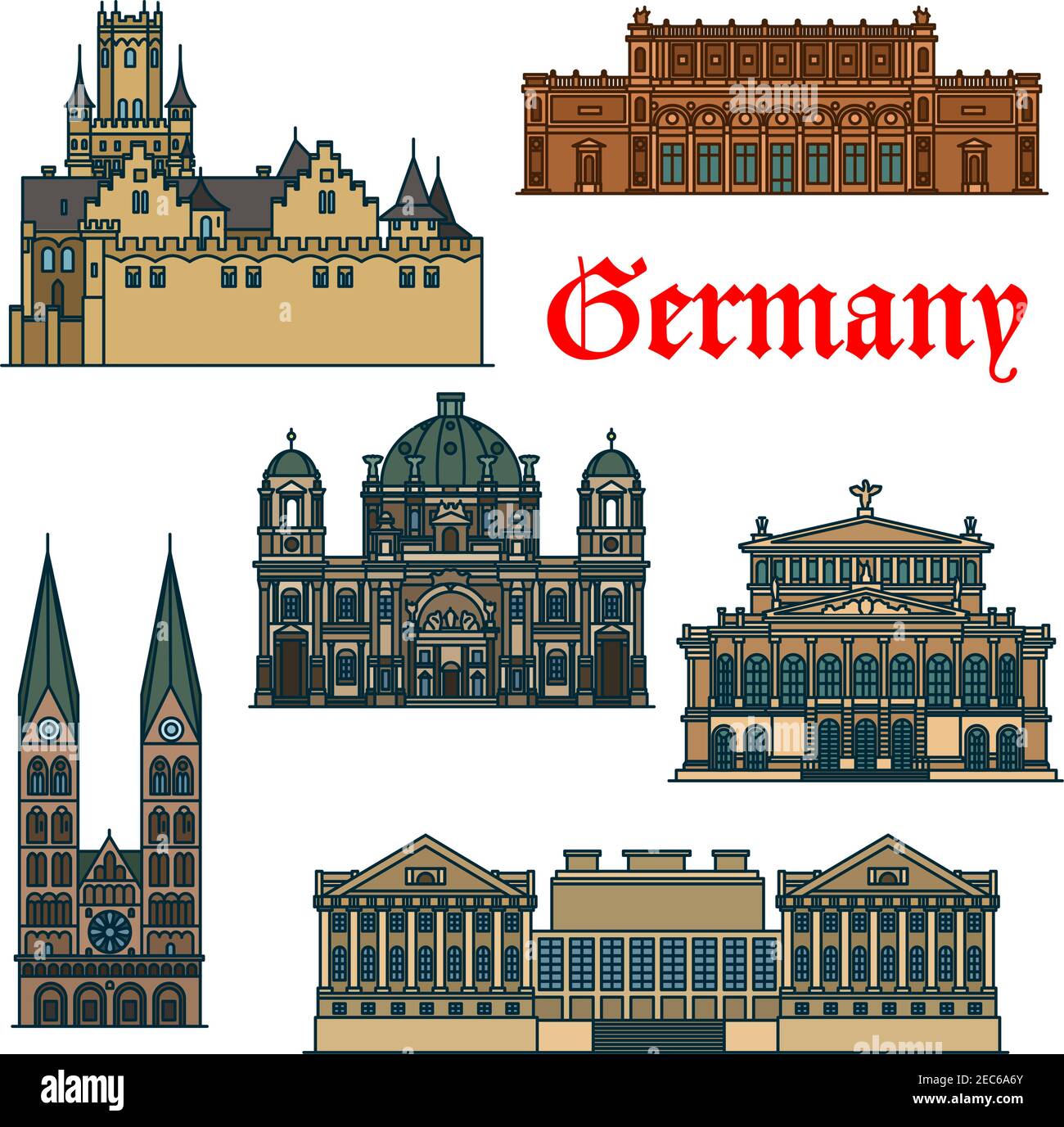 Luoghi di interesse culturale, religioso e storico della Germania icona con la linea sottile Berlino e Cattedrale di San Pietro, Alte Oper Concert Hall, Mar gotico Illustrazione Vettoriale