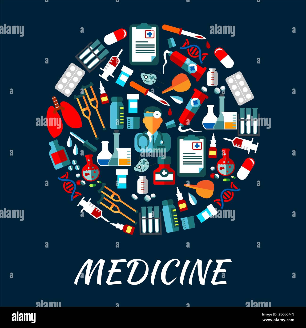 Poster infografico dei simboli della medicina. Icone vettoriali di attrezzature sanitarie e farmaci drop counter, siringa, bisturi, infermiere, contagocce, pillola, raggi X. Illustrazione Vettoriale