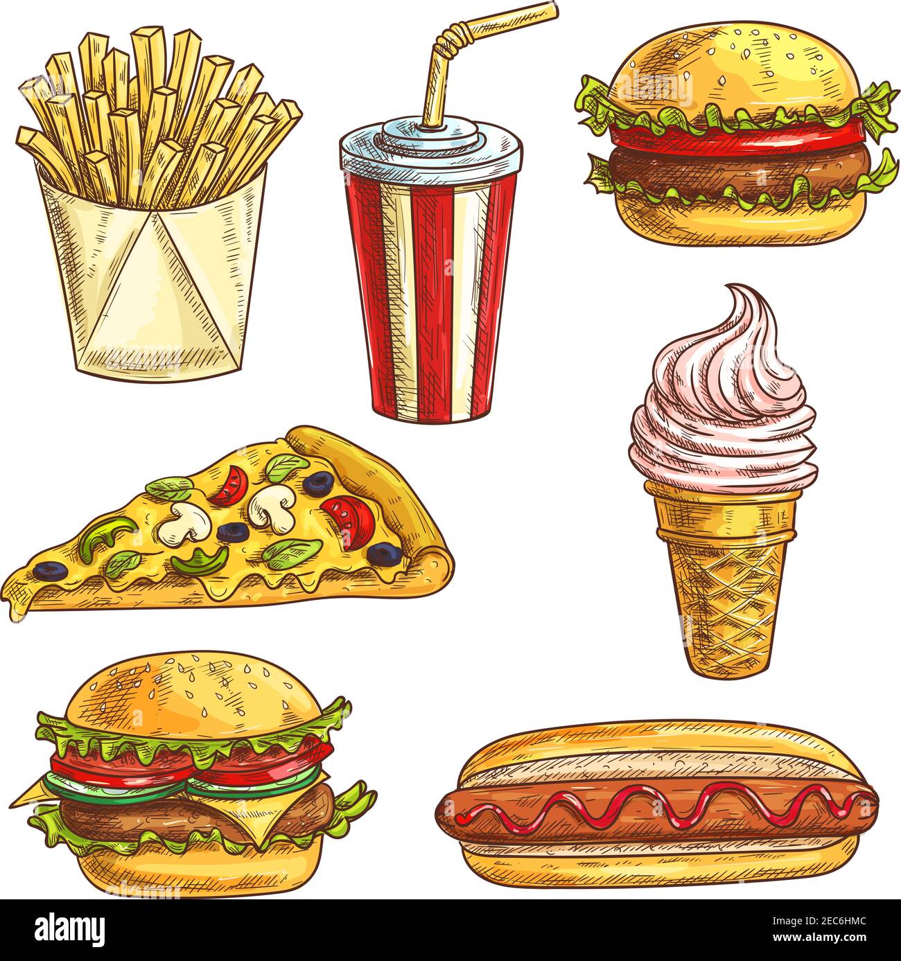 Set di icone per schizzi fast food. Elementi isolati di hamburger, hamburger, cheeseburger, bevanda analcolica in tazza, cono gelato, fetta di pizza, hot dog, patatine fritte Illustrazione Vettoriale