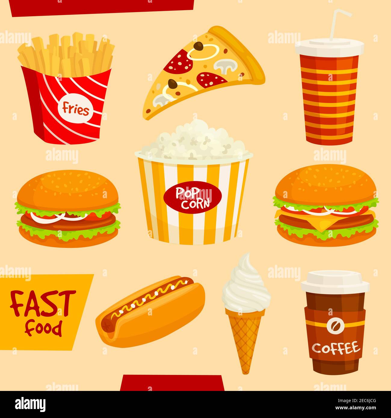 Set di icone fast food. Fastfood snack e bevande elementi vettoriali isolati. Illustrazione dei disegni cartoni animati. Burger, hamburger, patatine fritte, hot dog, Illustrazione Vettoriale