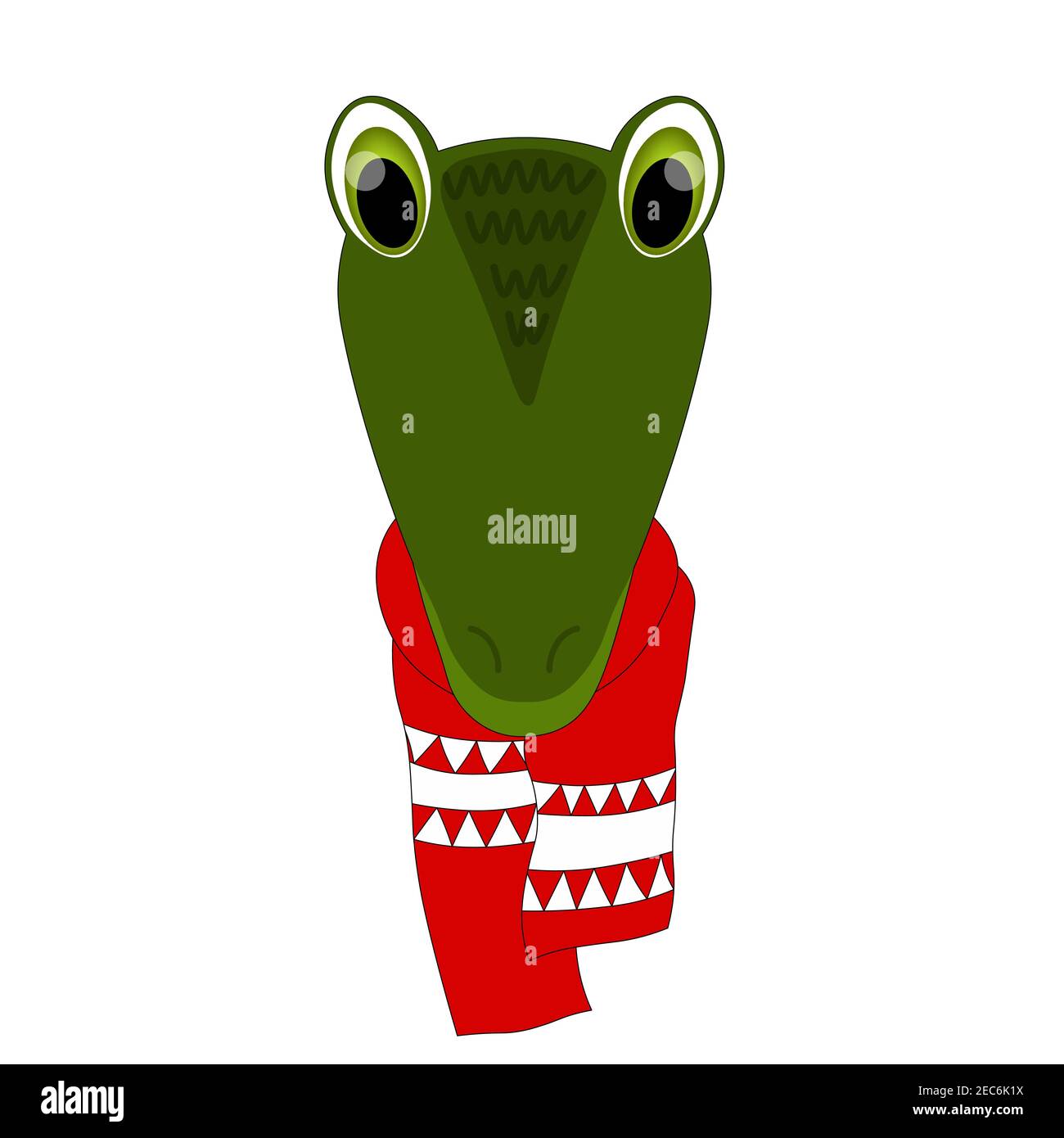 Colorful cute vettore coccodrillo viso in una sciarpa invernale. Un oggetto su sfondo bianco. Illustrazione piatta dei cartoni animati. Emoji divertente animale. Imbarazzato Illustrazione Vettoriale