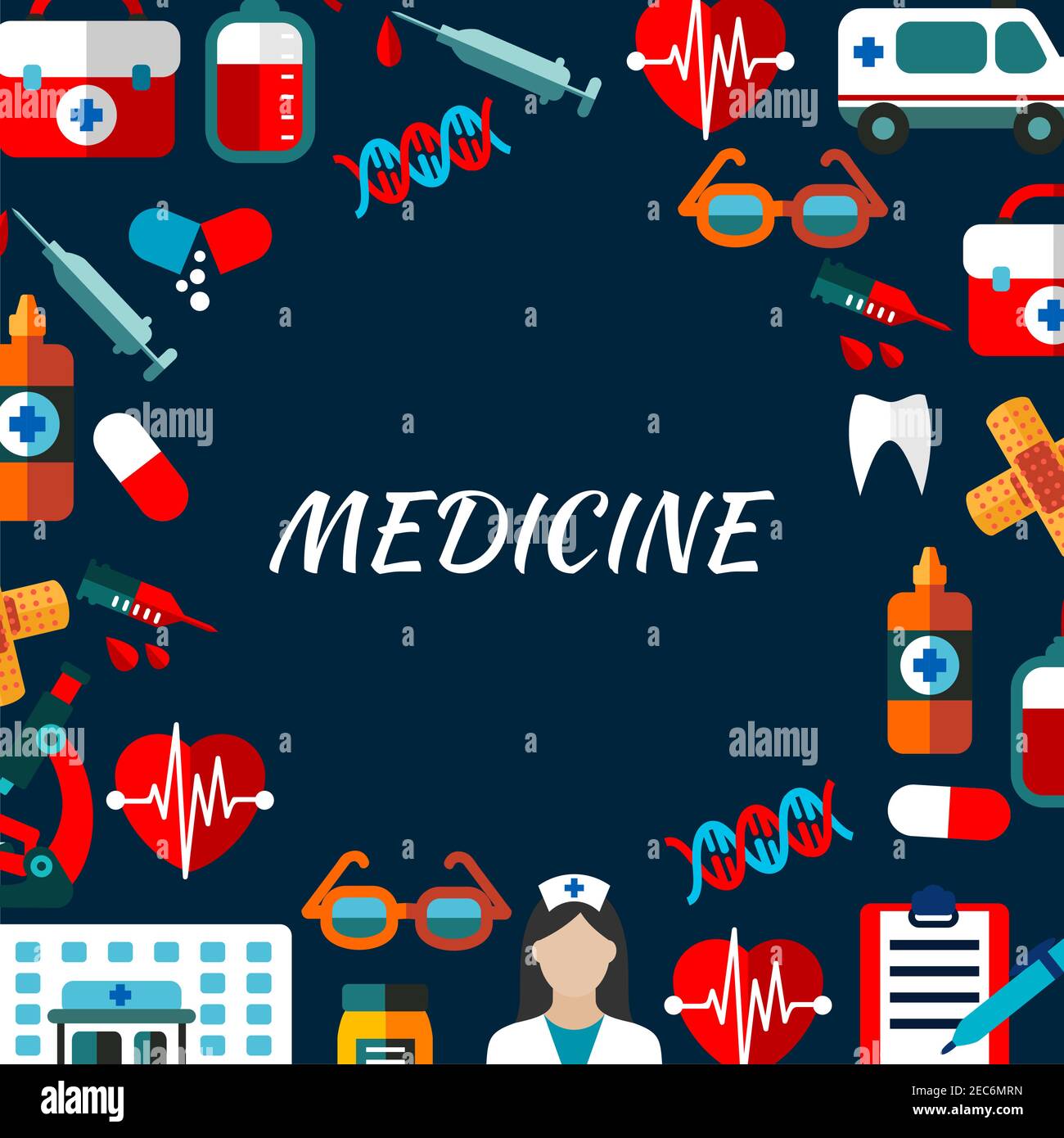 Poster della medicina con set di icone. Elementi vettoriali medicali. Icone dei trattamenti sanitari a forma circolare. Infografica ospedaliera Illustrazione Vettoriale