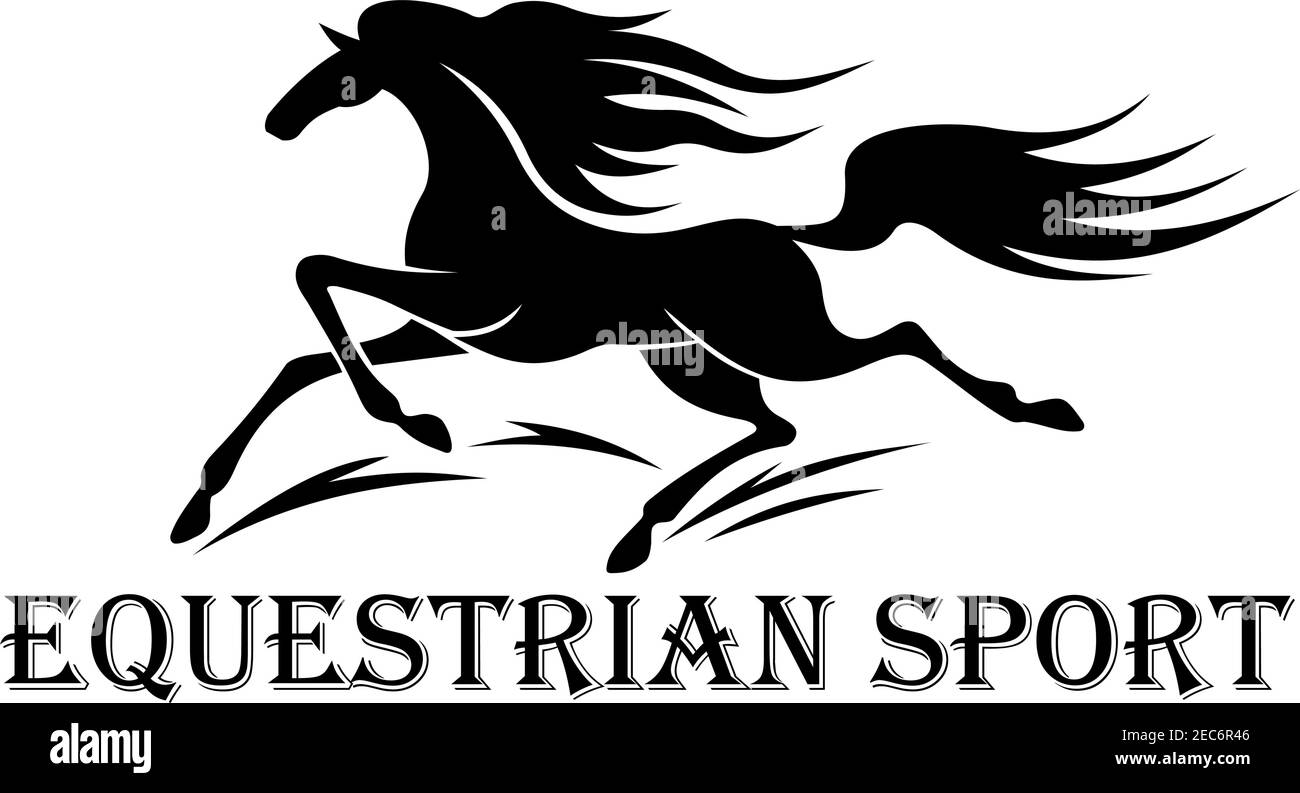 Simbolo di stallone di mustang libero selvaggio per corse di cavalli o sport motoristici design con silhouette nera di cavallo da corsa e didascalia Equestre Sport belo Illustrazione Vettoriale